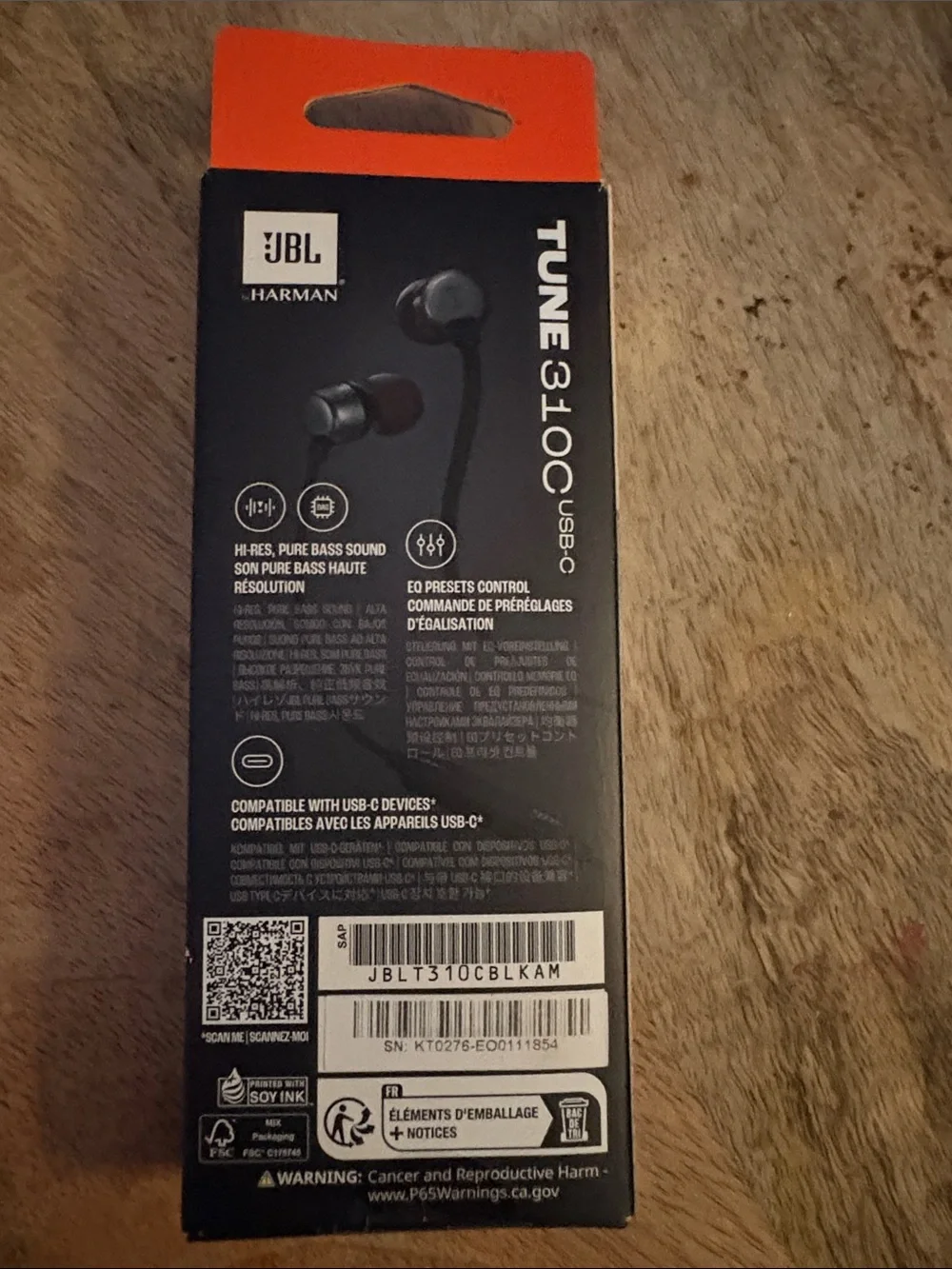 JBL Tune 310C USB-C In-Ear Headphones – Black with Orange Accent Box